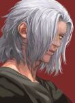  1boy adam&#039;s_apple commentary_request emet-selch ff14_mogong final_fantasy final_fantasy_xiv from_side frown glowing glowing_eye grey_hair hair_over_one_eye korean_commentary looking_ahead male_focus one_eye_covered portrait realistic red_background short_hair signature simple_background solo v-shaped_eyebrows yellow_eyes 