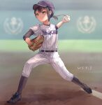  1girl alternate_costume baseball baseball_cap baseball_mitt baseball_uniform black_hair fujinami_(kancolle) full_body gloves hat kantai_collection short_ponytail sportswear wss_(nicoseiga19993411) yellow_eyes 