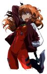  1girl arm_behind_head blue_eyes bodysuit cropped_legs hand_in_pocket head_tilt highres holding holding_weapon iwatnc jacket long_hair long_sleeves neon_genesis_evangelion open_clothes open_jacket orange_hair plugsuit red_bodysuit red_jacket simple_background solo souryuu_asuka_langley weapon white_background 