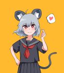  1girl alternate_costume animal_ears bangs black_sailor_collar black_serafuku black_shirt black_skirt blush closed_mouth commentary cowboy_shot flat_chest grey_hair heart highres looking_at_viewer mouse_ears mouse_girl mouse_tail nazrin neckerchief orange_background pleated_skirt red_eyes red_neckerchief sailor_collar school_uniform serafuku shirt short_hair short_sleeves simple_background skirt smile solo spoken_heart tail touhou yan_pai 