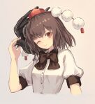  1girl animal_on_shoulder bird bird_on_shoulder black_bow black_bowtie black_hair bow bowtie breasts closed_mouth collared_shirt crow happy hat head_tilt looking_at_viewer one_eye_closed ookashippo open_mouth pom_pom_(clothes) puffy_short_sleeves puffy_sleeves red_headwear shameimaru_aya shirt short_sleeves small_breasts smile solo_focus tassel tokin_hat touhou upper_body white_shirt 