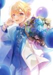  1boy :d absurdres bangs blonde_hair blue_bow blue_bowtie blue_eyes blue_flower blue_vest blush bouquet bow bowtie cow dress_shirt eugeo flower hair_between_eyes hand_in_own_hair highres holding holding_bouquet jacket long_sleeves looking_at_viewer male_focus open_clothes open_jacket pants rose shiny shiny_hair shirt short_hair signature smile solo standing sword_art_online vest white_flower white_jacket white_pants white_shirt yuuka0922 