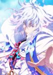 1boy ahoge bangs bishounen closed_mouth commentary_request earrings falling_petals fate/grand_order fate_(series) flower flower_knot glowing_petals hooded_robe jewelry light_smile long_hair long_sleeves looking_at_viewer male_focus merlin_(fate) petals pink_flower pochi-a ribbon robe sky smile solo upper_body very_long_hair violet_eyes white_hair white_robe 