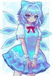  1girl absurdres blue_bow blue_dress blue_eyes blue_hair blush bow cirno closed_mouth collared_shirt cowboy_shot dress fairy frilled_sleeves frills hair_between_eyes hair_bow highres ice ice_wings pinafore_dress puffy_short_sleeves puffy_sleeves qiu_ju shirt short_hair short_sleeves smile solo touhou white_shirt wings wrist_cuffs 