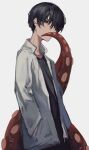  1boy black_eyes black_hair black_shirt chainsaw_man covering_mouth ear_piercing hand_in_pocket highres jacket lch looking_at_viewer male_focus piercing shirt short_hair simple_background solo standing suction_cups tentacles white_background white_jacket yoshida_hirofumi 
