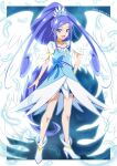  1girl angel_wings ankle_boots artist_name bike_shorts_under_skirt blue_background blue_dress blue_eyes blue_hair blue_shorts boots border bracelet brooch choker crystal_earrings cure_diamond dated dokidoki!_precure dress earrings feathers full_body hair_ornament heart_brooch high_heels highres hishikawa_rikka jewelry long_hair looking_at_viewer magical_girl nakahira_guy open_mouth ponytail precure puffy_short_sleeves puffy_sleeves short_sleeves shorts signature smile solo tiara very_long_hair white_border white_footwear wings yellow_choker 