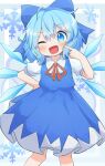  1girl blue_bow blue_dress blue_eyes blue_hair blush bow cirno collared_shirt coruthi detached_wings dress fairy feet_out_of_frame hair_between_eyes hair_bow highres ice ice_wings one_eye_closed open_mouth shirt short_hair short_sleeves smile snowflakes solo touhou white_shirt wings 