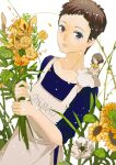  1girl absurdres apron bouquet brown_hair character_name flower highres looking_at_viewer natsuyuki_rendezvous senryoko shimao_rokka short_hair sketch snowflakes solo standing very_short_hair violet_eyes white_background 