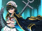  1girl anchor anchor_symbol bangs belt black_belt black_coat black_hair blue_background blue_eyes breasts coat coat_on_shoulders commentary_request cowboy_shot crossed_arms gloves grin hat highres looking_at_viewer midriff murasa_minamitsu neckerchief red_neckerchief sailor sailor_collar sailor_hat sailor_shirt shirt short_hair shorts small_breasts smile solo touhou touhou_gouyoku_ibun white_gloves white_headwear white_shirt white_shorts yan_pai 