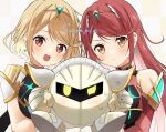 2girls :&lt; alternate_color armor bangs blonde_hair blush breasts closed_mouth commission detached_sleeves earrings headpiece highres holding jewelry kirby_(series) large_breasts long_hair mask meta_knight multiple_girls mythra_(xenoblade) orange_eyes pyra_(xenoblade) red_eyes redhead sample_watermark sephikowa short_hair simple_background skeb_commission super_smash_bros. sweat swept_bangs xenoblade_chronicles_(series) xenoblade_chronicles_2