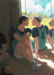  2boys akaashi_keiji black_hair blue_sky bokuto_koutarou clouds cloudy_sky crossed_arms haikyuu!! hands_on_floor highres looking_at_another miko_(15476997) multicolored_hair multiple_boys open_mouth sitting sky sportswear volleyball_net volleyball_uniform white_footwear wooden_floor 