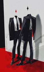  2boys black_footwear black_jacket black_necktie black_pants black_socks black_suit dress_shoes formal highres jacket long_sleeves male_focus multiple_boys necktie object_head original pants red_carpet sd2190392804 shirt socks star_(sky) suit unzipped white_shirt zipper 