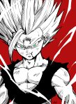  1boy absurdres aura blue_eyes child commentary_request dougi dragon_ball dragon_ball_(classic) dragon_ball_z fantasy highres liedein looking_at_viewer male_child male_focus monochrome muscular saiyan simple_background smile solo son_gohan spiky_hair super_saiyan 