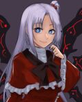  1girl absurdres blue_eyes bow bright_pupils capelet ccc9494 dress frills grey_background grey_hair hair_bobbles hair_ornament hand_up highres long_hair one_side_up red_capelet red_dress shinki_(touhou) simple_background smile solo touhou white_pupils wings 