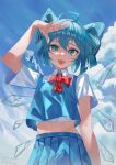  1girl :3 :d absurdres ahoge arm_up artist_name bangs blue_eyes blue_hair bow bowtie cirno clouds cumulonimbus_cloud dated day fang firecracker_(user_kgxp3553) from_below hair_between_eyes hair_bow highres ice ice_wings looking_at_viewer midriff navel open_mouth outdoors pleated_skirt red_bow red_bowtie short_hair skirt sky smile solo touhou wings 
