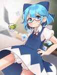  1girl absurdres bloomers blue_bow blue_dress blue_eyes blue_hair blush bow cirno closed_mouth collared_shirt daiyousei detached_wings dress fairy farrel_kb glasses hair_between_eyes hair_bow highres ice ice_wings puffy_short_sleeves puffy_sleeves red-framed_eyewear semi-rimless_eyewear shirt short_hair short_sleeves signature smile solo touhou underwear white_bloomers white_shirt wings 