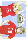  1boy 1girl 2022 arms_up bangs blonde_hair blue_eyes blush closed_mouth commentary dated english_text green_eyes hair_between_eyes hair_ornament hairclip hands_on_hips highres house link looking_at_another navel nintendo_switch_shirt pointy_ears princess_zelda red_shirt shirt short_sleeves smile the_legend_of_zelda the_legend_of_zelda:_breath_of_the_wild the_legend_of_zelda:_breath_of_the_wild_2 twitter_username zmauuchan 