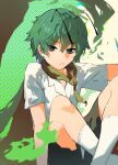  1girl absurdres antennae bangs black_shorts brown_cape cape closed_mouth collared_shirt commentary feet_out_of_frame green_eyes green_hair highres kino2435006 knees_up looking_at_viewer shirt short_hair short_sleeves shorts sitting socks solo touhou white_shirt white_socks wriggle_nightbug 