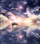  1girl abisswalker8 absurdres clouds cloudy_sky comet fantasy highres instrument music original piano planet playing_instrument reflection reflective_floor reflective_water scenery silhouette sky star_(sky) starry_sky sun sunlight sunset waves 