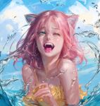  1girl absurdres animal_ears bare_shoulders blue_eyes bm94199 cat_ears cat_girl commission english_commentary happy highres medium_hair one_eye_closed open_mouth original partially_submerged pink_hair simple_background solo splashing tearing_up teeth tongue upper_body water 