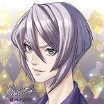  1boy argyle argyle_background artist_name bob_cut double_decker! grey_hair hair_between_eyes kirill_vrubel male_focus mito_amatsu portrait short_hair smile solo violet_eyes 