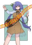  1girl biwa_lute chain closed_mouth dress fe_(tetsu) flower green_background hair_flower hair_ornament highres instrument long_hair long_sleeves lute_(instrument) outside_border purple_hair simple_background smile solo touhou tsukumo_benben twintails violet_eyes white_flower yellow_dress 