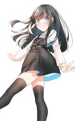  1girl asashio_(kancolle) asashio_kai_ni_(kancolle) belt black_belt black_dress black_hair black_thighhighs blue_eyes blush buttons closed_mouth collared_shirt comah dress feet_out_of_frame highres kantai_collection long_hair pinafore_dress shirt short_sleeves simple_background smile solo thigh-highs white_background white_shirt 