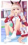  1girl animal_ears blurry blurry_background cellphone curren_chan_(umamusume) evefly_megane_p grey_hair highres horse_ears horse_tail jacket jersey looking_at_viewer no_shoes open_mouth phone selfie sitting socks solo tail track_jacket track_suit umamusume violet_eyes white_socks 