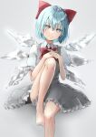  1girl alternate_eye_color barefoot blue_hair bow cirno closed_mouth collared_shirt detached_wings dress fairy frilled_dress frills grey_dress grey_eyes hair_between_eyes hair_bow highres ice ice_wings puffy_short_sleeves puffy_sleeves red_bow shironeko_yuuki shirt short_hair short_sleeves smile solo touhou white_background wings 
