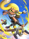  1girl agent_3_(splatoon_3) bow_(weapon) bulging_eyes eyebrow_cut gonzarez highres holding holding_bow_(weapon) holding_weapon salmonid single_tooth smallfry_(splatoon) splatoon_(series) splatoon_3 suction_cups tentacle_hair tri-stringer_(splatoon) weapon yellow_eyes 