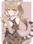  1girl animal_ears animal_print bare_shoulders blonde_hair blush bow brown_hair cat_ears cat_girl cat_print cat_tail center_frills elbow_gloves fingerless_gloves frilled_skirt frills gloves green_bow green_eyes hair_bow high-waist_skirt highres jungle_cat_(kemono_friends) kemono_friends kemono_friends_v_project long_hair looking_at_viewer mitorizu_02 multicolored_hair print_gloves print_skirt shirt short_sleeves sidelocks skirt solo tail tail_bow tail_ornament twintails upper_body white_shirt 