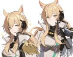  1girl absurdres animal_ears arknights blemishine_(arknights) blonde_hair epaulettes fur hair_between_eyes headset highres horse_ears joshua_(shisanli934) long_hair looking_at_viewer parted_lips sidelocks simple_background smile solo sparkle white_background yellow_eyes 