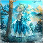  1girl bangs barefoot blue_bow blue_dress blue_eyes blue_hair bow cirno cirno_day closed_mouth commentary dated dress full_body hair_bow highres ice ice_wings k0nfette lake looking_at_viewer mountain nature outdoors puffy_short_sleeves puffy_sleeves scenery shirt short_hair short_sleeves snowflakes solo touhou tree wavy_hair white_shirt wings 
