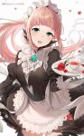  1girl apron aqua_eyes bangs black_dress blunt_bangs blush breasts brooch center_frills cup dress feather_trim felicia_(fire_emblem) fire_emblem fire_emblem_awakening floating_hair flower frills haru_(nakajou-28) highres holding holding_plate jewelry juliet_sleeves long_hair long_sleeves looking_at_viewer maid maid_headdress medium_breasts open_mouth petals pink_hair plate ponytail puffy_sleeves red_flower red_rose rose smile solo straight_hair teacup twitter_username waist_apron white_apron white_background 