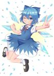  1girl absurdres bangs blue_bow blue_dress blue_eyes blue_hair bobby_socks bow brown_footwear cirno cirno_day collared_shirt commentary cowlick dress eyes_visible_through_hair full_body hair_between_eyes hair_bow high_meron highres ice ice_wings knees_together_feet_apart looking_at_viewer mary_janes neck_ribbon one_eye_closed pinafore_dress red_ribbon ribbon shirt shoes short_sleeves smile socks solo touhou v white_shirt wings 