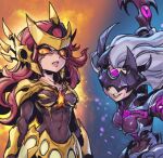  2girls angry armor bangs black_bodysuit bodysuit breasts collarbone covered_navel diana_(league_of_legends) eye_mask gold_armor green_background grey_hair grin holding holding_weapon large_breasts league_of_legends leona_(league_of_legends) long_hair multiple_girls orange_background orange_eyes phantom_ix_row redhead shiny shiny_clothes shoulder_armor smile teeth weapon 