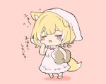  1girl animal_ear_fluff animal_ears bangs blonde_hair blush_stickers chibi closed_eyes fox_ears fox_girl fox_tail fuwafuwa-chan_(kamiyoshi_rika) hat holding holding_pillow kamiyoshi_rika medium_hair nightcap original pillow pink_background sleepwear slippers solo tail walking yawning 