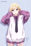  1girl :o bangs black_necktie blonde_hair blue_background commentary_request dated dated_commentary hair_ornament hairclip highres long_sleeves looking_at_viewer necktie nii_manabu open_mouth original parted_bangs purple_shirt shirt short_hair signature simple_background solo sweater_vest thighs violet_eyes white_sweater_vest 