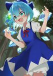  1girl bloomers blue_bow blue_dress blue_eyes blue_hair bow cirno dress frog hair_bow highres ice ice_wings machimo open_mouth red_ribbon ribbon short_hair short_sleeves solo touhou tree underwear wings 
