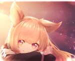  1girl absurdres animal_ears bangs black_shirt blonde_hair closed_mouth commentary_request crossed_arms fox_ears highres long_hair long_sleeves looking_at_viewer original reizouko shirt smile solo upper_body violet_eyes 