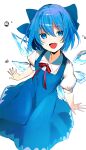  1girl absurdres bangs blue_bow blue_dress blue_eyes blue_hair bow cirno collared_shirt dress fang hair_between_eyes hair_bow highres ice ice_wings ikasoba looking_at_viewer open_mouth shirt short_hair short_sleeves simple_background skin_fang smile solo touhou white_background white_shirt wings 