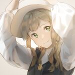  1girl arms_up brown_hair green_eyes hat long_hair long_sleeves looking_at_viewer original simple_background upper_body white_background white_headwear yuiyimi 