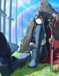  1girl absurdres blue_eyes blue_hair blue_pants blue_shirt blue_sky boots cape closed_mouth clouds day falchion_(fire_emblem) falling_petals fingerless_gloves fire_emblem fire_emblem_awakening flower gloves gold_hairband grass hidulume highres knee_up long_hair lucina_(fire_emblem) orange_flower outdoors pants petals planted planted_sword rainbow shirt sitting sky solo sword thigh_boots weapon 