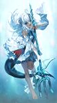  1girl alternate_costume barefoot blue_eyes blue_hair fish_tail gawr_gura hair_ornament highres holding_trident hololive hololive_english looking_at_viewer multicolored_hair polearm quasarcake shark_girl shark_hair_ornament shark_tail sharp_teeth smile solo streaked_hair tail teeth trident two_side_up virtual_youtuber weapon white_hair 