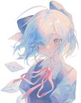  1girl absurdres ahoge artist_name bangs blue_bow blue_dress blue_eyes blush bow cirno dress eyes_visible_through_hair flat_chest hair_bow highres ice ice_wings kiriyume_514 looking_at_viewer medium_hair neck_ribbon parted_lips puffy_short_sleeves puffy_sleeves red_ribbon ribbon shirt short_sleeves simple_background solo swept_bangs teeth touhou upper_body white_background white_shirt wind wing_collar wings 