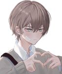  1boy bag bandage_on_face bandages bishounen blonde_hair character_request closed_mouth commentary_request copyright_request formal green_eyes heart heart_hands highres indoors looking_to_the_side male_focus nmtmfa original school_bag serious simple_background solo 