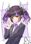  1girl alternate_costume bangs black_hair black_jacket blazer blunt_bangs blush bow bowtie breasts closed_mouth collared_shirt commentary_request demon_girl demon_horns demon_tail highres horns jacket kojo_anna looking_at_viewer medium_breasts medium_hair multicolored_hair pointy_ears purple_bow purple_bowtie purple_hair robou_no_stone shirt smile solo sugar_lyric tail tongue tongue_out twintails two-tone_hair upper_body v virtual_youtuber white_background white_shirt yellow_eyes 