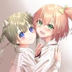  2girls amamiya_sophia_seren assault_lily bangs blush bow bowtie braid brown_hair cheek-to-cheek closed_mouth collared_shirt commentary from_side gradient gradient_background green_bow green_eyes grey_background hair_between_eyes hair_bow hair_ribbon hand_on_another&#039;s_back hand_on_another&#039;s_chest hand_up hands_up heads_together highres hug kajiki_arashi kishimoto_lucia_raimu long_hair long_sleeves looking_at_viewer looking_to_the_side ludvico_private_girls&#039;_academy_school_uniform multiple_girls mutual_hug one_side_up open_mouth orange_bow orange_bowtie orange_hair ribbon school_uniform shiny shiny_hair shirt short_hair smile twin_braids twintails upper_body violet_eyes white_background white_ribbon white_shirt yuri 