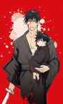  2boys black_hair black_kimono blood blood_on_face collarbone father_and_son fushiguro_megumi fushiguro_touji highres holding holding_sword holding_weapon japanese_clothes jujutsu_kaisen kimono light_smile looking_at_viewer male_focus multiple_boys red_background scar scar_on_face scar_on_mouth sword weapon 