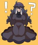 ! 1girl ? @_@ absurdres ahoge bangs black_hair blush commentary_request dress embarrassed full_body hair_between_eyes hairband hands_up hex_maniac_(pokemon) highres ida_(idalol490) kneeling long_hair long_sleeves looking_at_viewer messy_hair open_mouth pokemon pokemon_(game) pokemon_xy purple_hairband signature simple_background solo surprised tongue turtleneck yellow_background 
